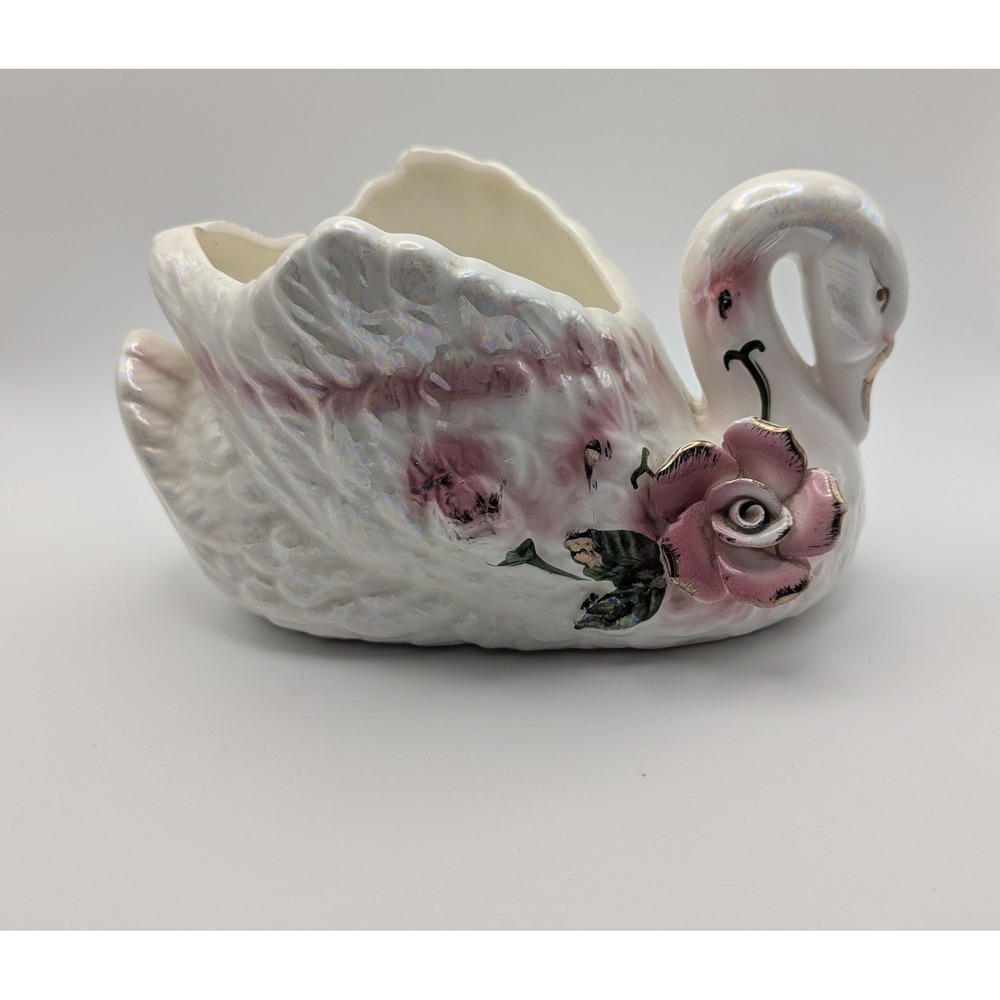 Vintage 1992 YDC Deluxe Lusterware Swan Planter Iridescent Pink Rose Gold‎ Trim